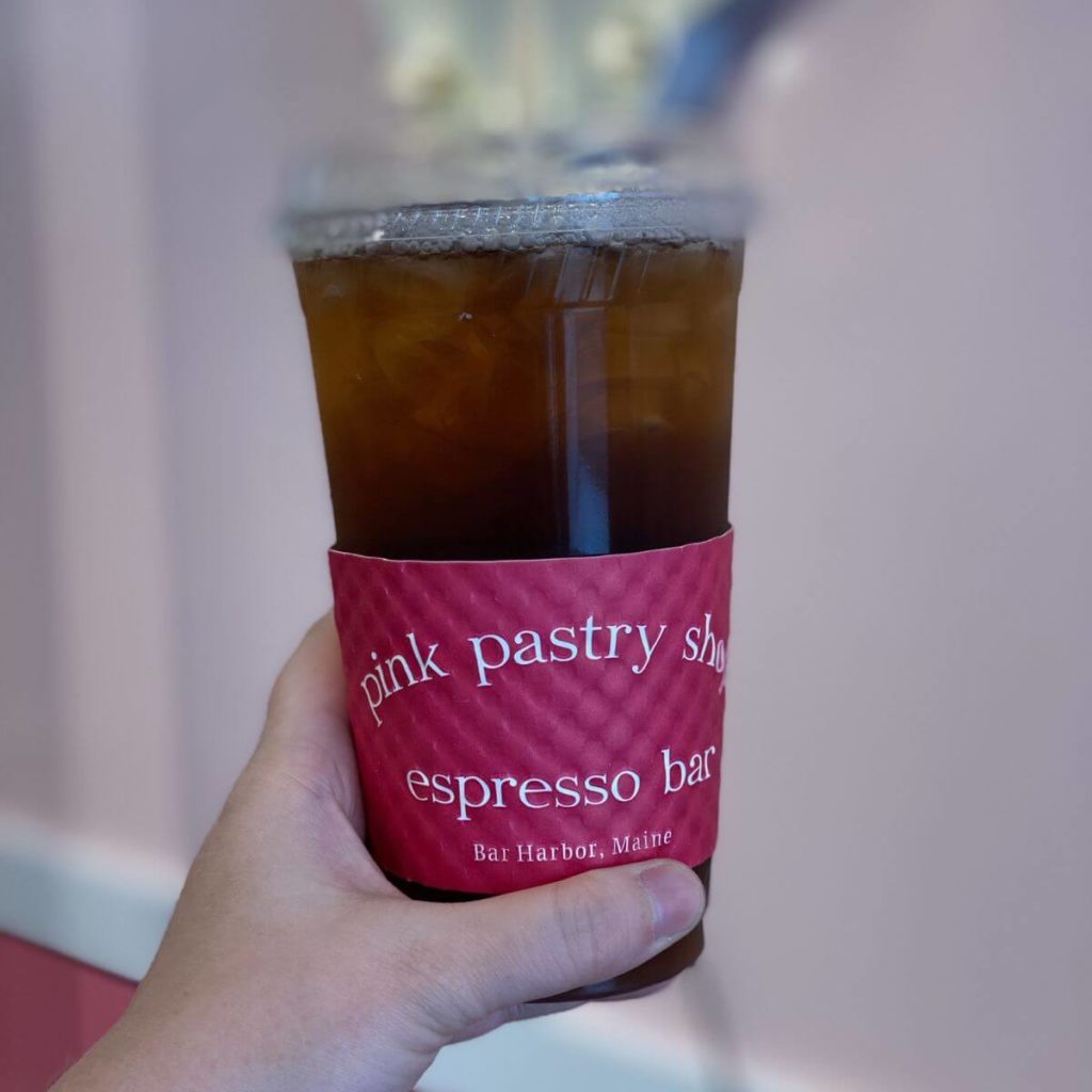 Photo of a large blueberry iced tea from Pink Pastry Shop Espresso Bar in Bar Harbor, Maine.