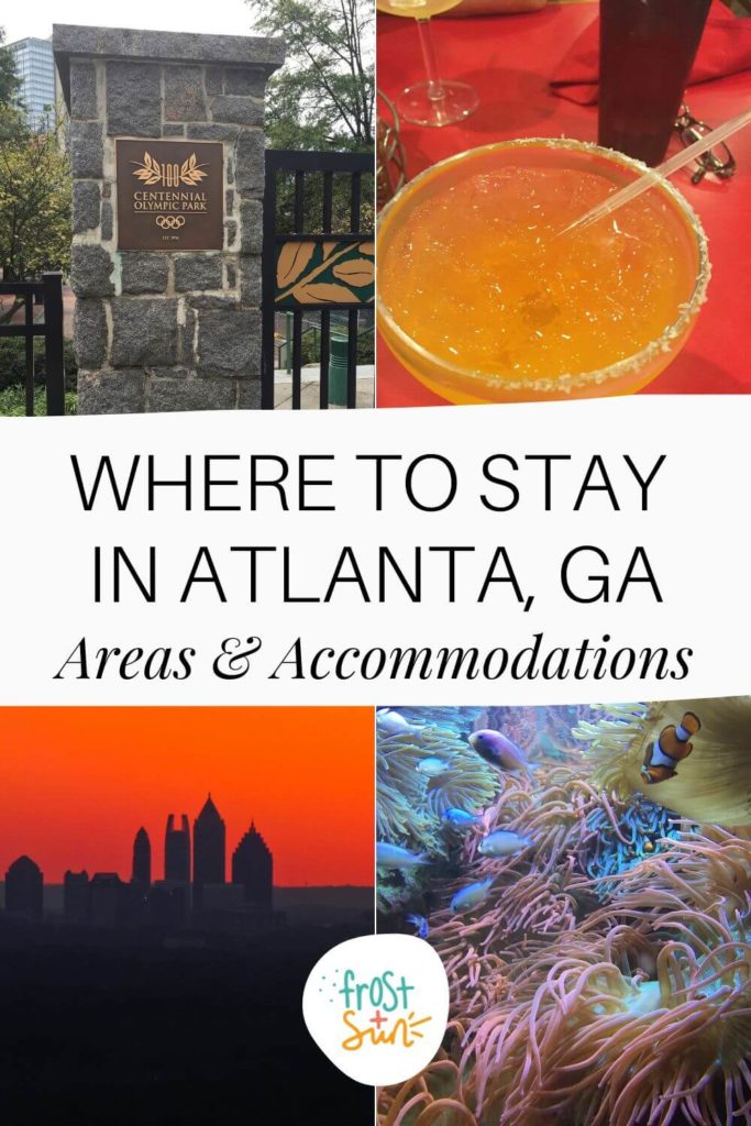 Grid with 4 photos from areas in Atlanta, Georgia. Text in the middle reads "Where to Stay in Atlanta, GA: Areas & Accommodations."