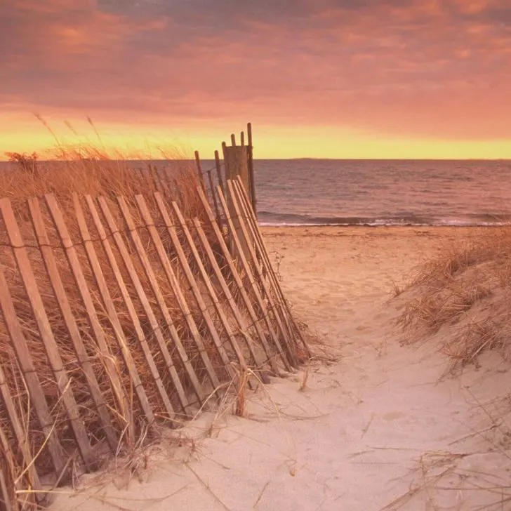 Photo of South Cape Beach in Mashpee, MA at sunset.