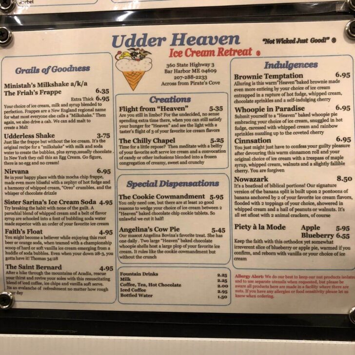 Photo of the menu for Udder Heaven Ice Cream Retreat in Bar Harbor, Maine.