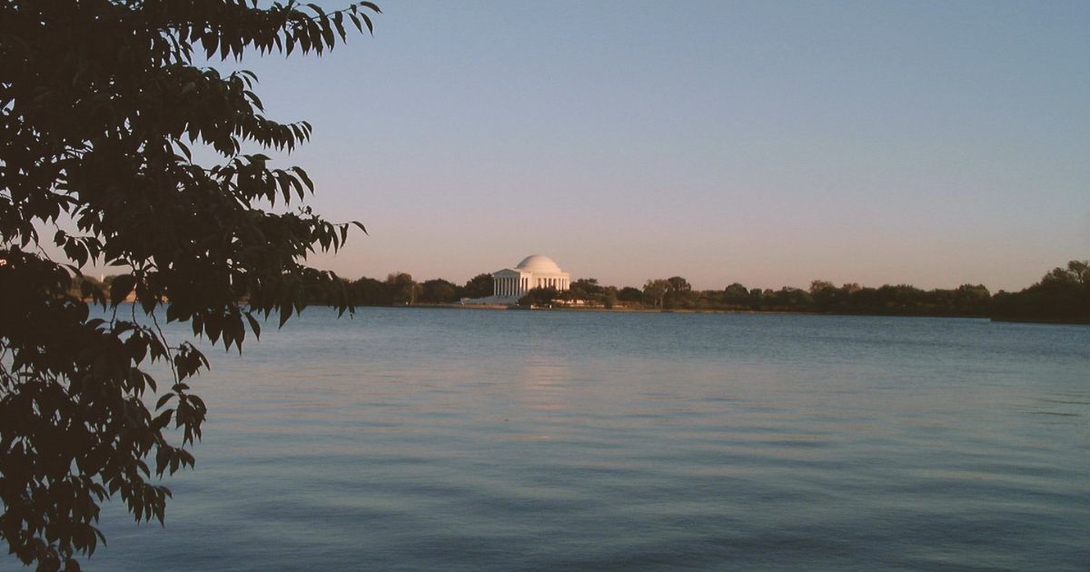 Photo of the Jefferson Memorial from across the Tidal Basin just before sunset.