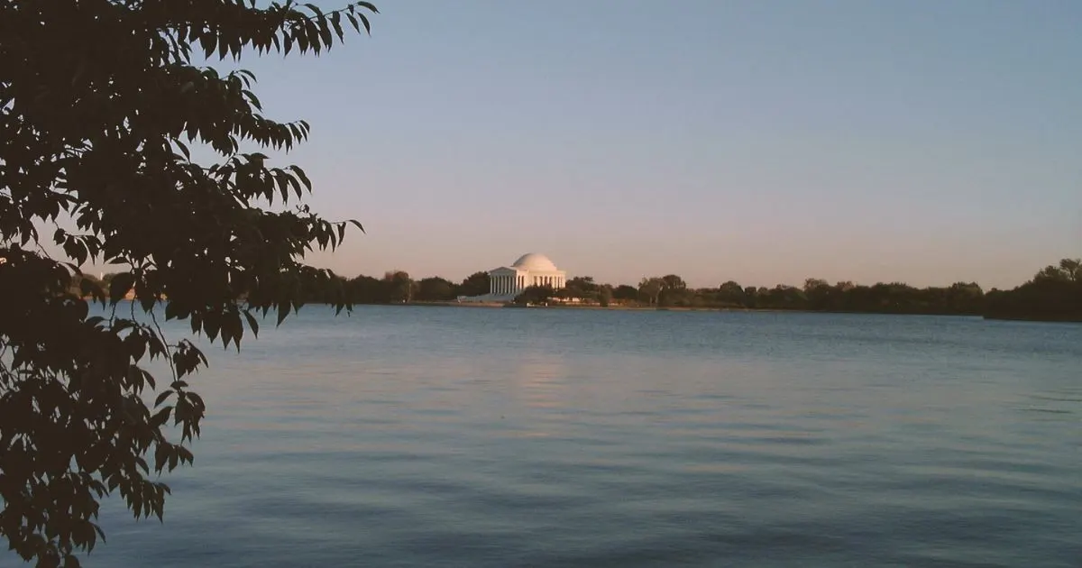 Photo of the Jefferson Memorial from across the Tidal Basin just before sunset.