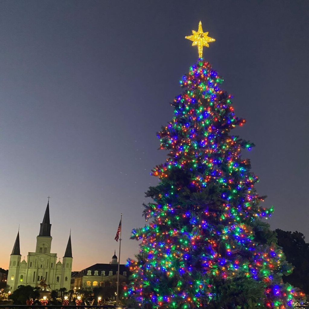 Photo of Jackson Square in New Orleans with a Christmas Tree lit up at night.