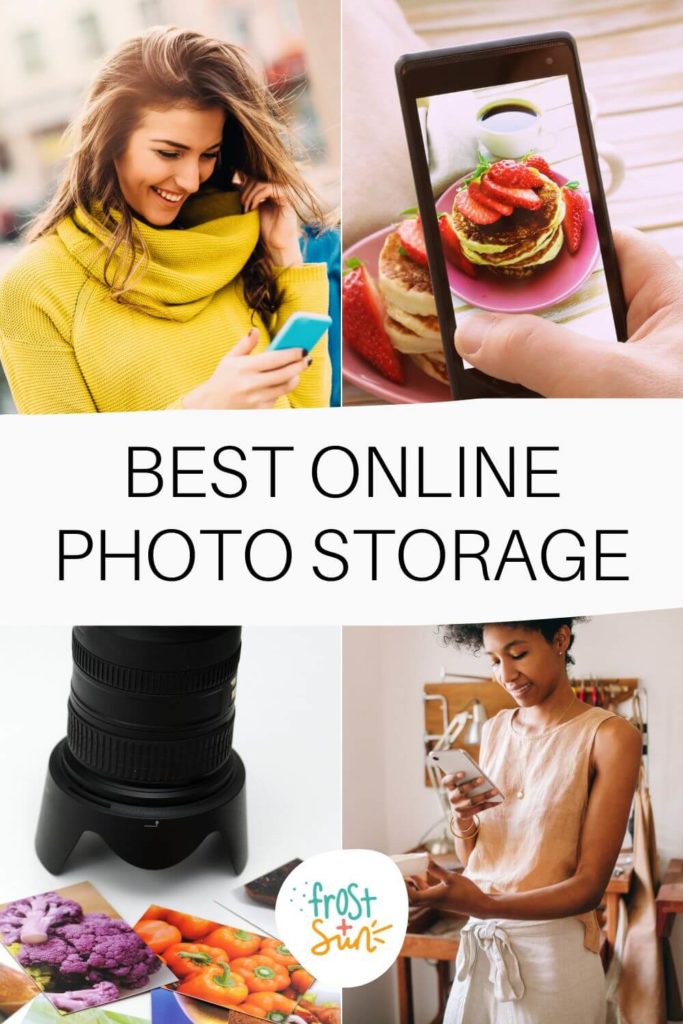 Graphic with 3 photos of people taking photos and 1 photo of a camera lens next to a pile of photo prints. Text in the middle reads "Best Online Photo Storage."