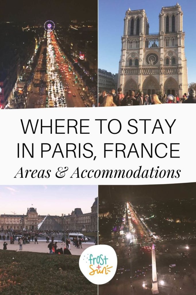 Graphic with 4 grids with photos from different areas in Paris, France. Text in the middle reads "Where to Stay in Paris, France: Areas & Accommodations."