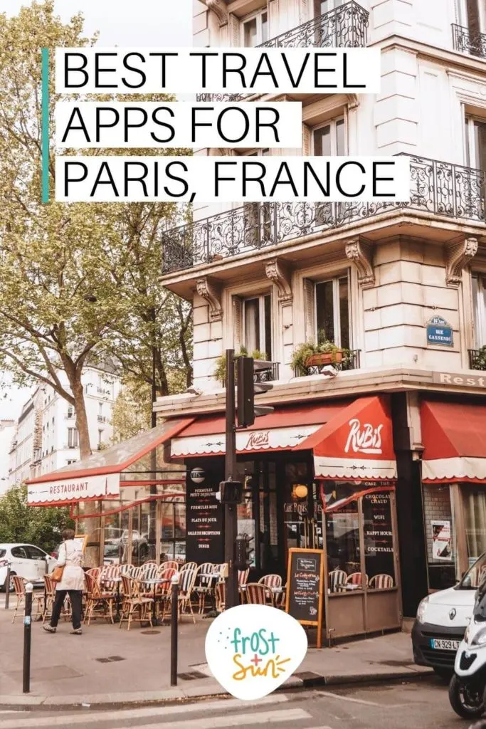 Photo of Rubis cafe in Paris, France. Text overlay reads "Best Travel Apps for Paris, France."