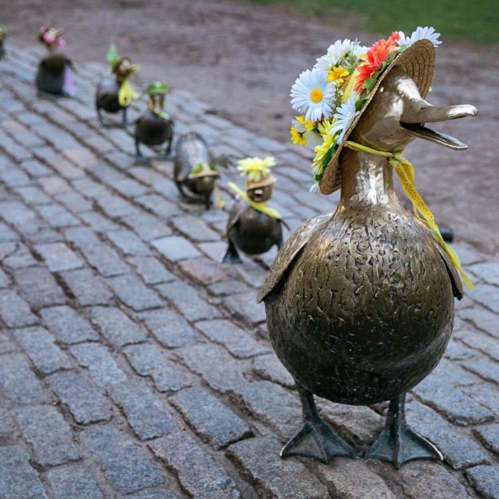 Photo of the Make Way for Ducklings statues at the Boston Public Garden, dressed up with flower-covered bonnets for Mother's Day.
