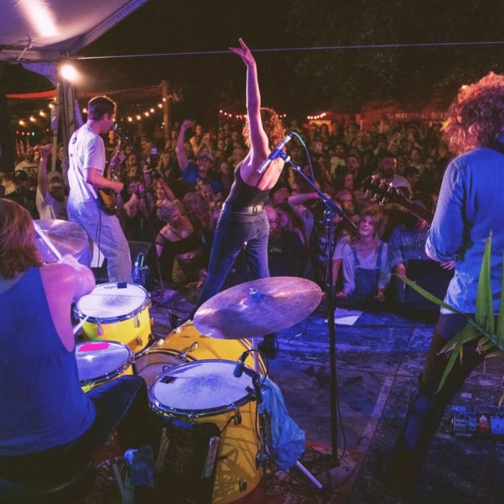 Photo of the band A Giant Dog performing at Hotel Vegas in East Austin.