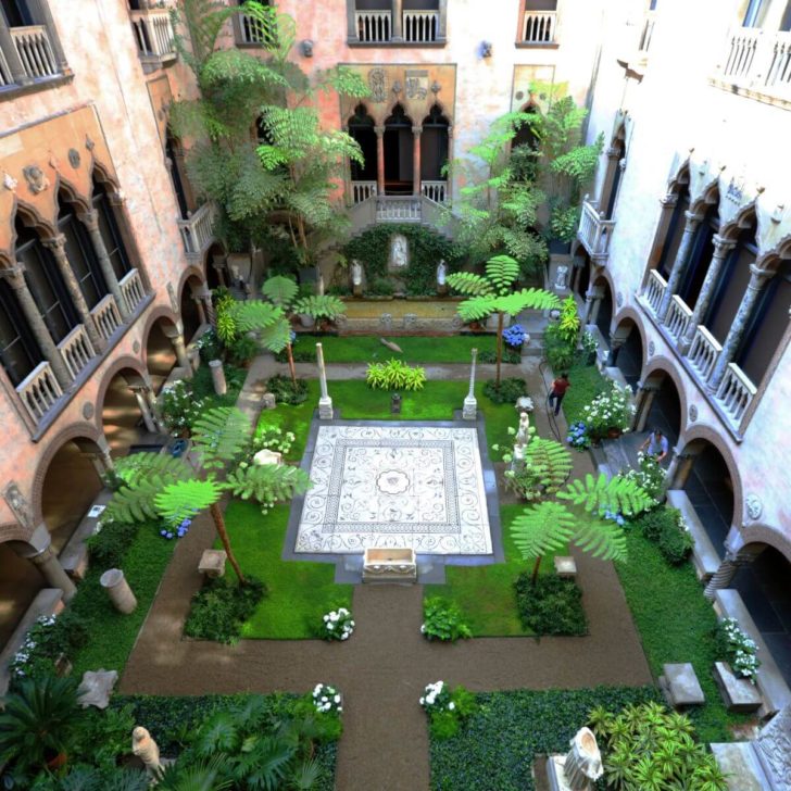 Aerial photo of the courtyard at the Isabella Stewart Gardner Museum.