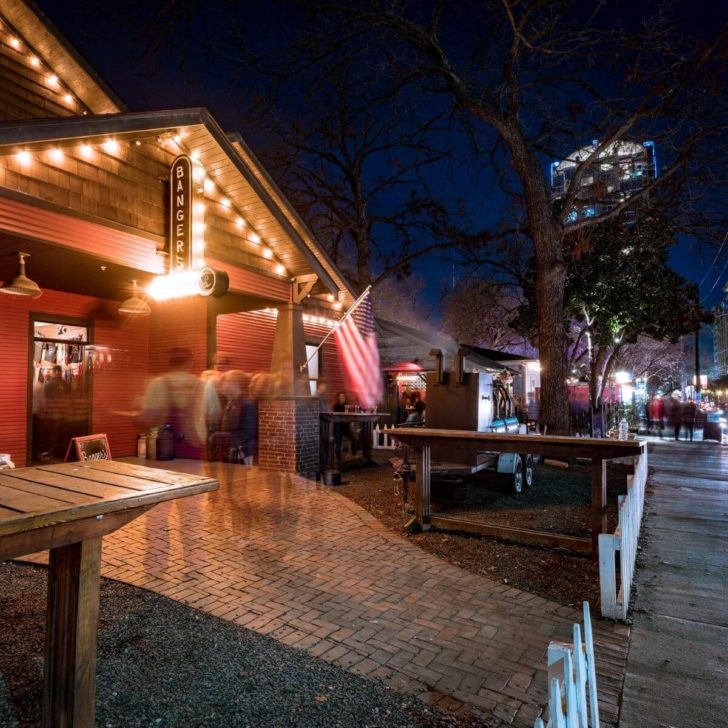 Exterior of Banger's Sausage House & Beer Garden in the Rainey Street District in Austin, Texas.