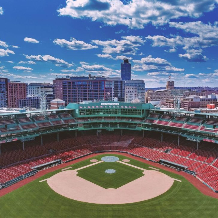 Aerial view of an empty Fenway Park looking toward home plate.