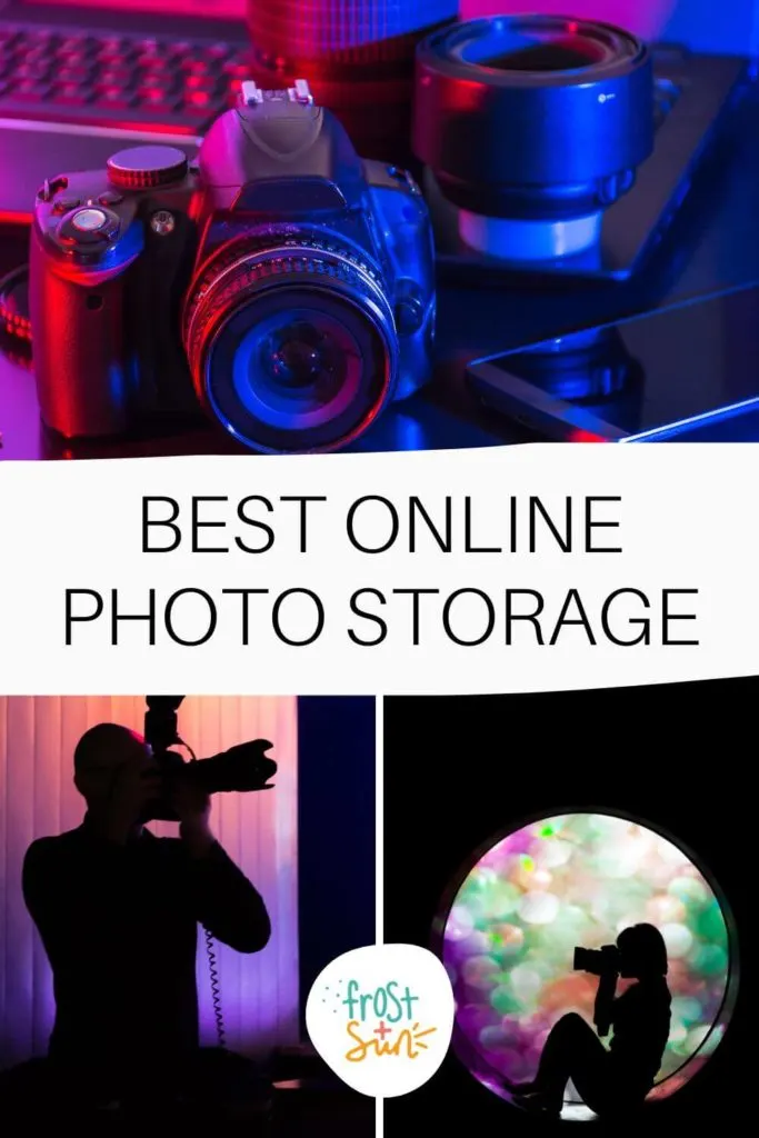 Graphic with 2 photos of people taking photos and 1 photo of a camera, iPhone, and several camera lenses. Text in the middle reads "Best Online Photo Storage."