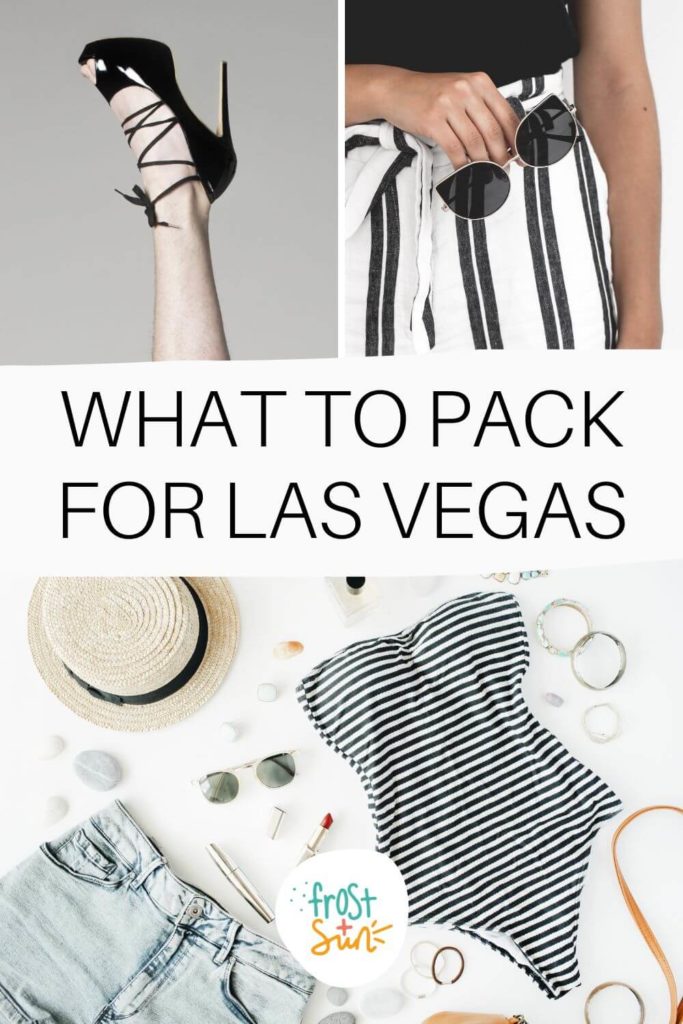 Grid with 3 photos of fashionable denim and black and white themed outfits. Text in the middle reads "What to Pack for Las Vegas."