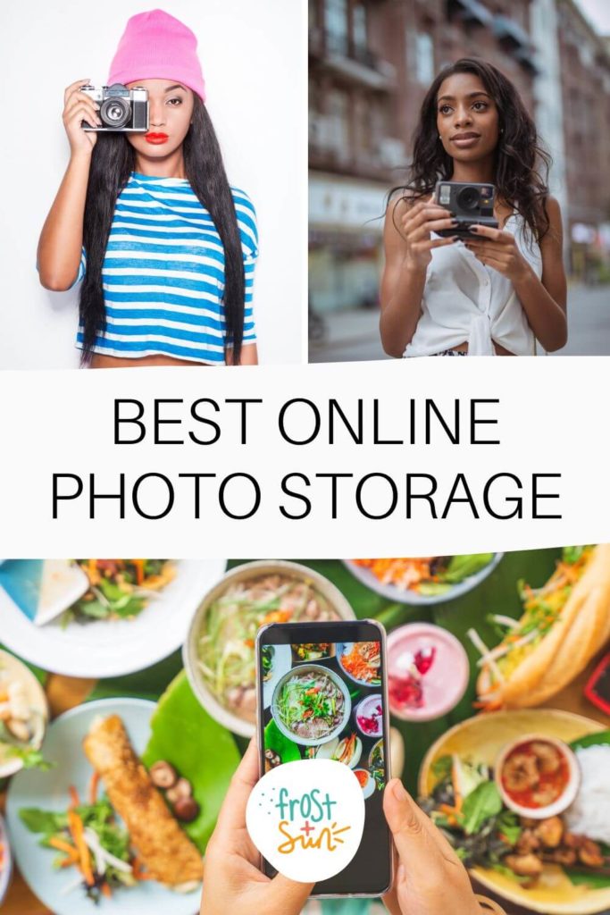Graphic with 3 photos of people taking photos. Text in the middle reads "Best Online Photo Storage."