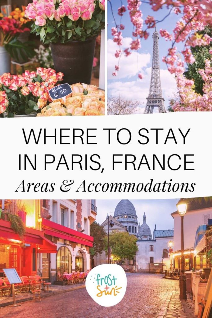 Graphic with 3 photos from different areas in Paris. Text in the middle reads "Where to Stay in Paris, France: Areas & Accommodations."