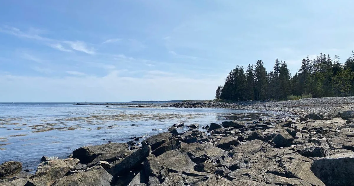 Horizontal photo of Bennet Cove in Southwest Harbor, Maine, with rocks in the foreground and evergreen trees in the background.