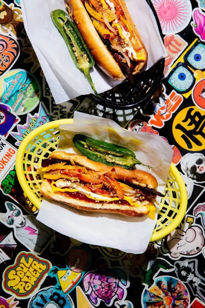 Photo of 2 baskets with the street dog and a grilled jalapeño from Best Friend by Roy Choi in Las Vegas.