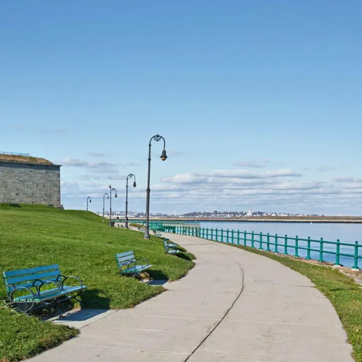 Photo of the walkway around Fort Independence on Castle Island in South Boston with the ocean in the background.