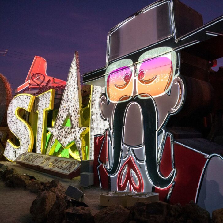 Photo of some neon signs at the Neon Museum lit up during the Brilliant! nighttime show.