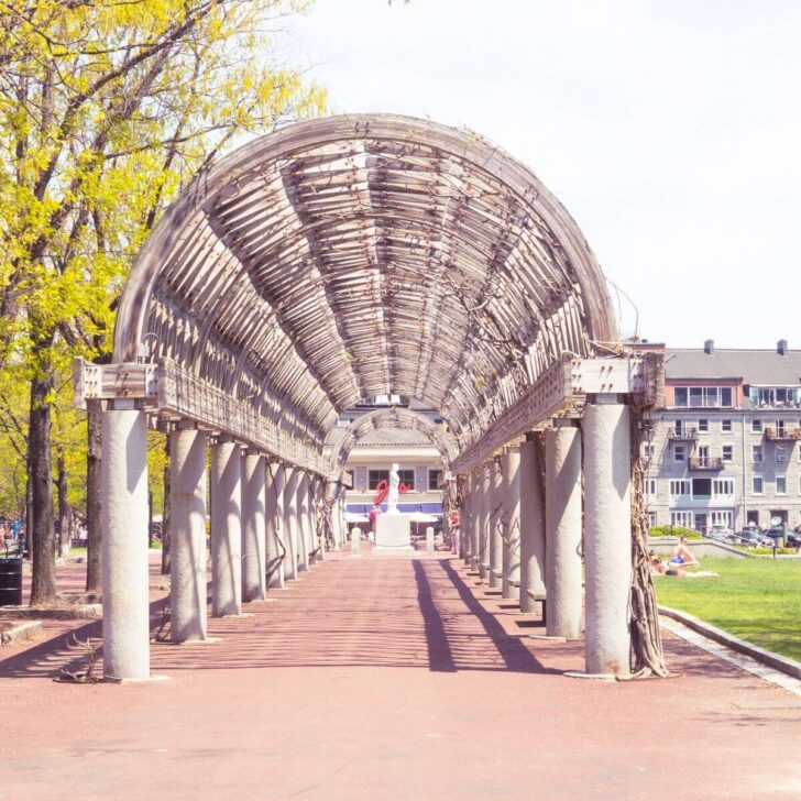 Photo of the trellis archway in Christopher Columbus Park between the North End and Waterfront neighborhoods of Boston.