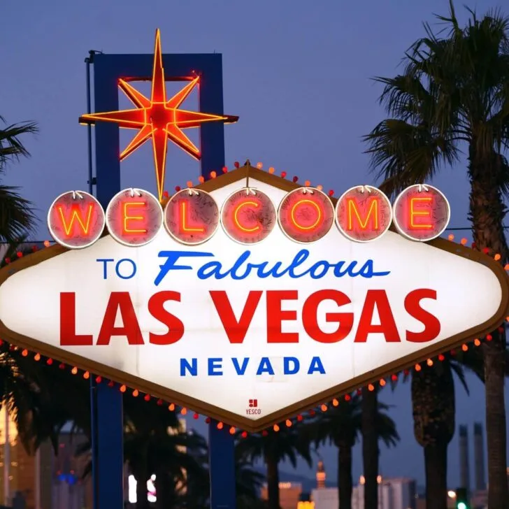 The "Welcome to Fabulous Las Vegas" sign on the Strip during blue hour.