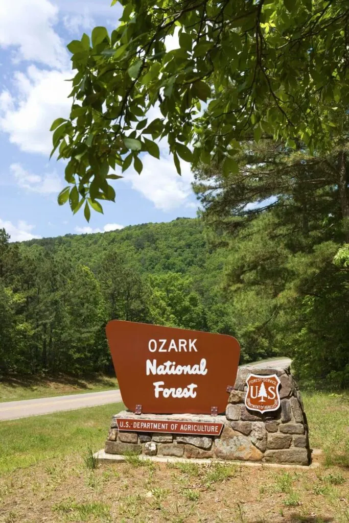 Photo of signage for Ozark National Forest in Arkansas.