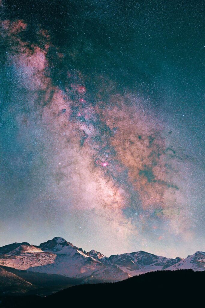 Photo of the Milky Way above mountains in Rocky Mountain National Park in Colorado.