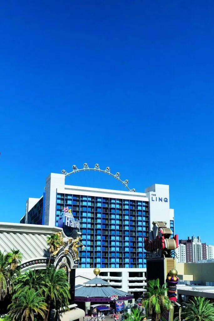 Photo of the LINQ resort with the High Roller behind it in Las Vegas, NV.