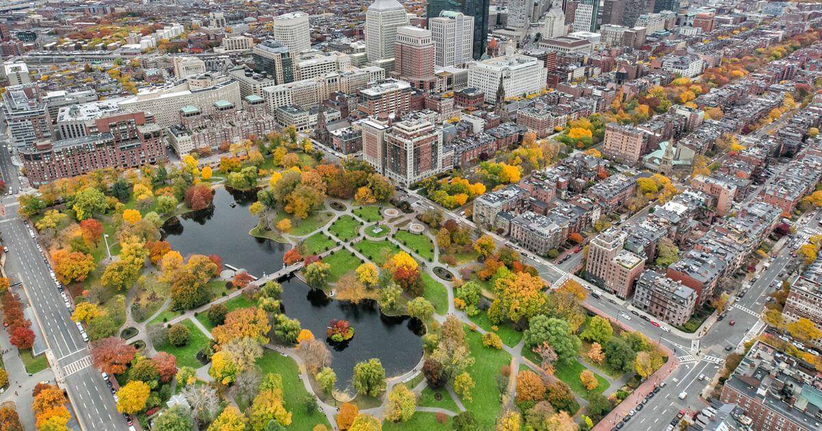 Aerial photo of Boston Public Garden in autumn.