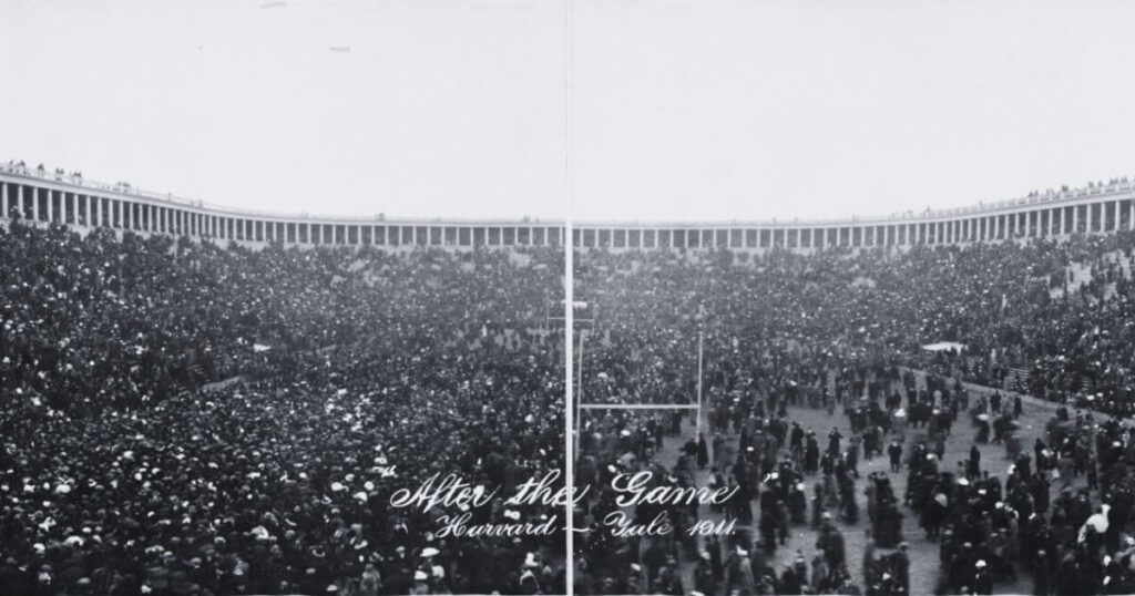 Panoramic photo of crowds after the Harvard vs. Yale football game in 1911 at Harvard.