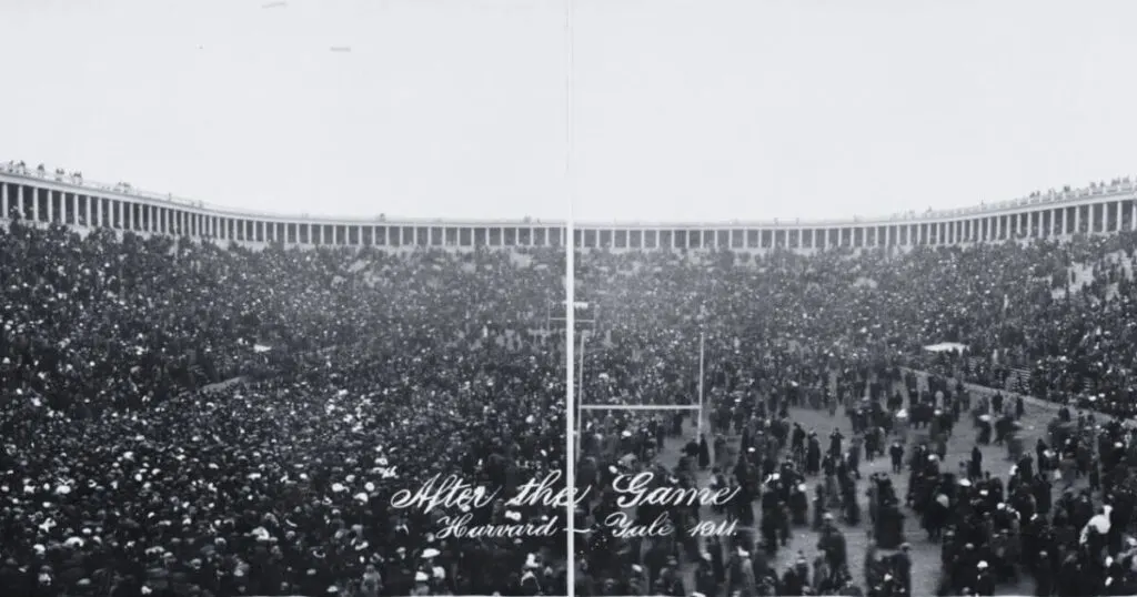 Panoramic photo of crowds after the Harvard vs. Yale football game in 1911 at Harvard.