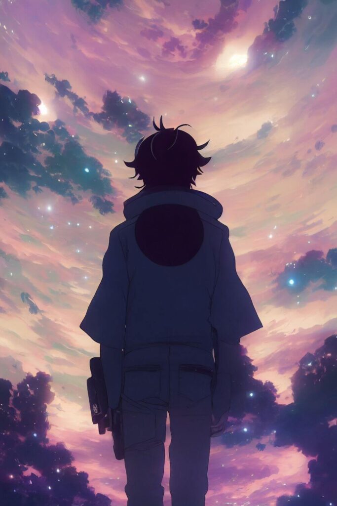 Anime style photo of a person looking up at the stars.