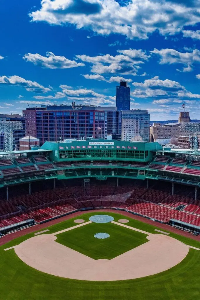 Photo looking down over the Boston Red Sox Fenway Park baseball field.