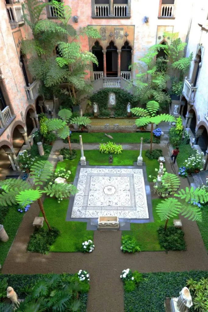 Photo looking down over the courtyard at the Isabella Stewart Gardner Museum.