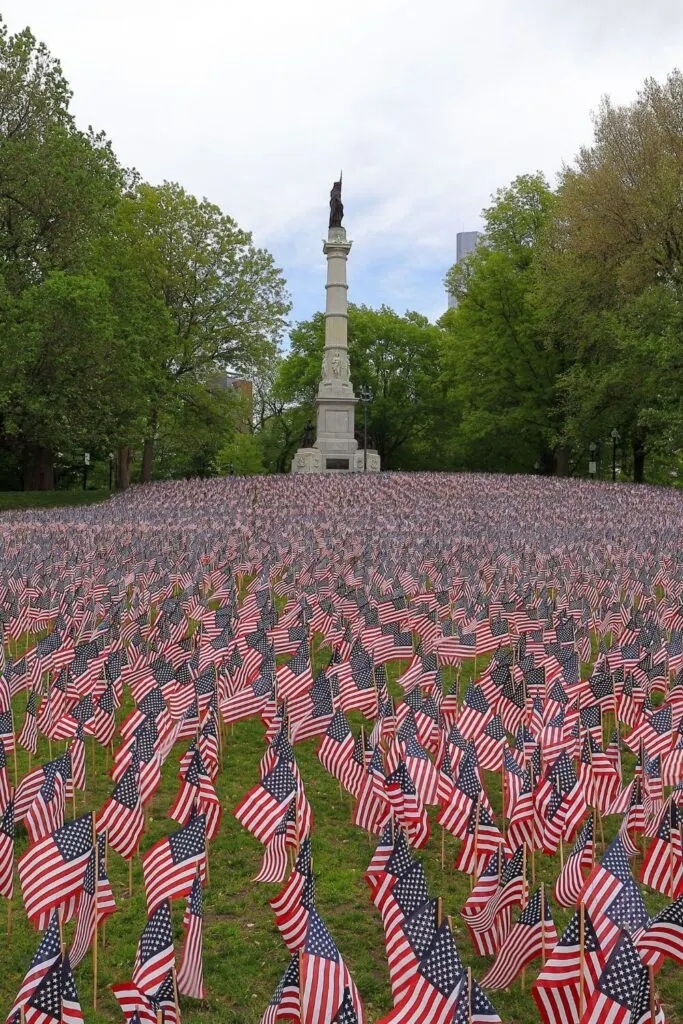 Photo of the annual Memorial Day flag garden in Boston's Copley Square.