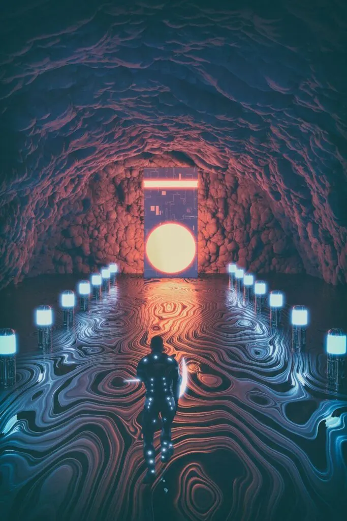 Photo of a science fiction-inspired scene featuring a man in a glowing bodysuit walking down a path with neon lights on each side.