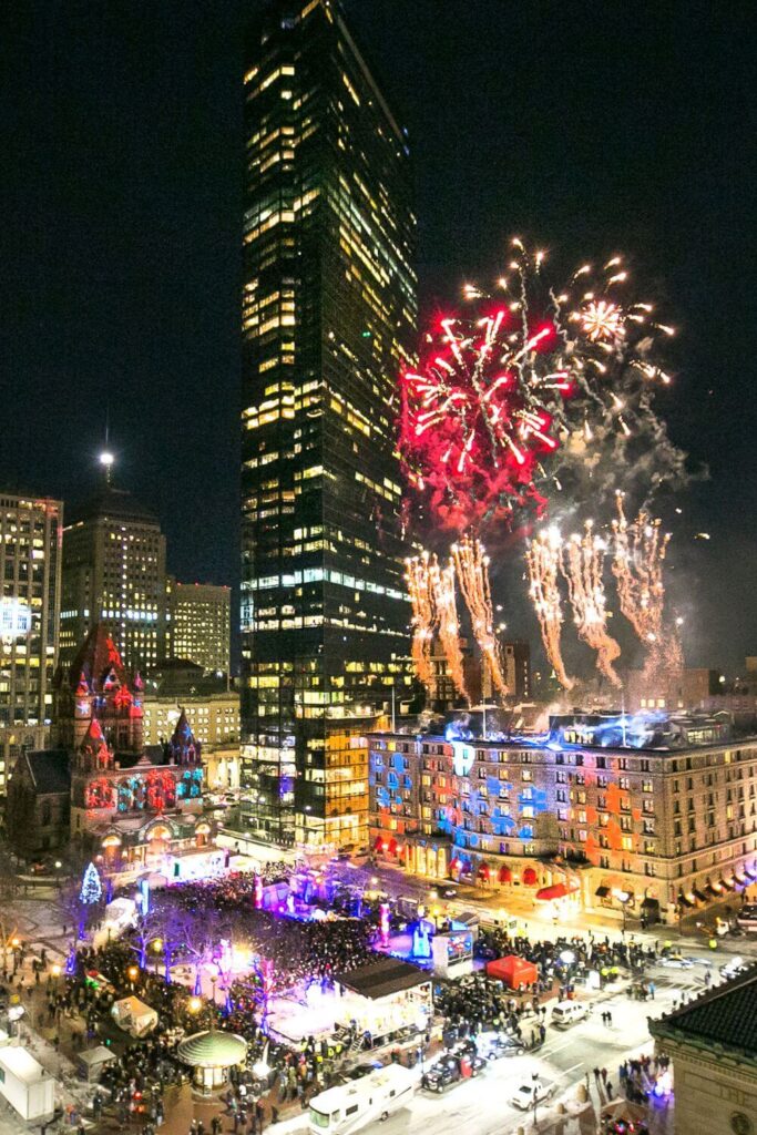 Photo of fireworks exploding in Boston Common on New Year's Eve during the First Night Boston celebration.