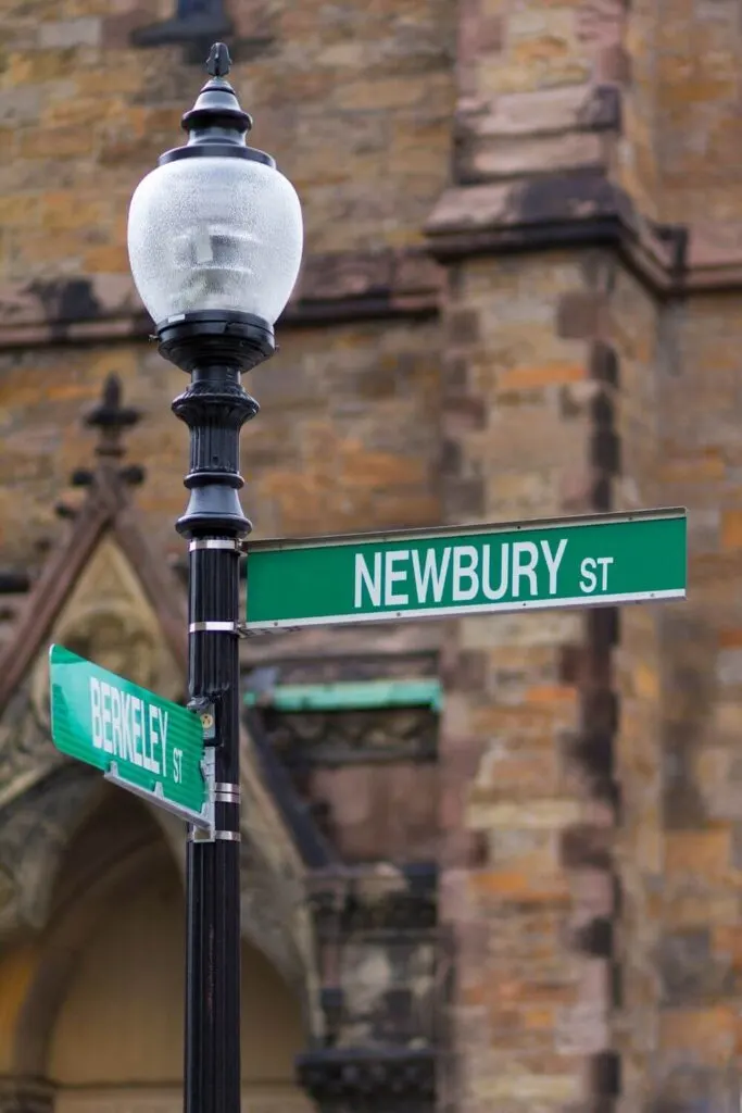 Photo of a street sign at Newbury and Berkeley streets in Boston.